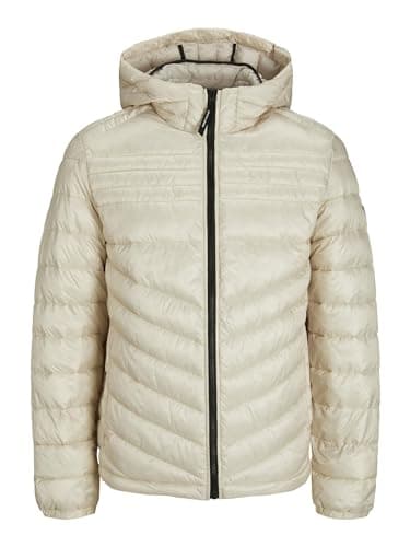 Image of JACK & JONES Mens Light Grey Puffer Jacket Quilted Padded Long Sleeve Jackets for Men, Beige Colour, Size- L
