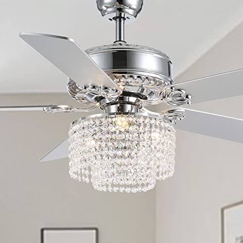 Image of CROSSIO 52 Inch Crystal Ceiling Fan with Light and Remote Control, Modern Chandelier Fan with 5 Reversible Wood Blades Chrome Fandelier for Living Room Bedroom (Fine line crystal-ceiling fan)