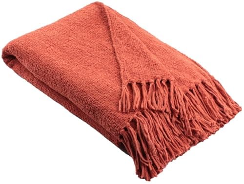 Image of Appletree Terracotta Orange Chenille Throw – Textured Sofa Blanket – W130 x L180cm – Tasselled Knit – Soft Woven Home Decor Blanket