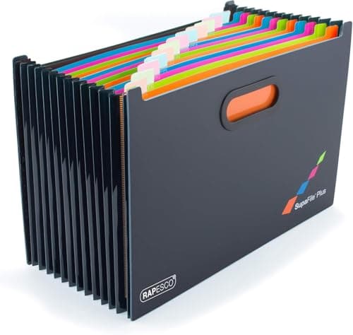 Image of Rapesco 1552 SupaFile Plus 13-Part Desktop Expanding File Organiser Oversized to Fit Files and Folders up to 38.5 cm Wide, A4+, Black with Multi-Coloured Dividers