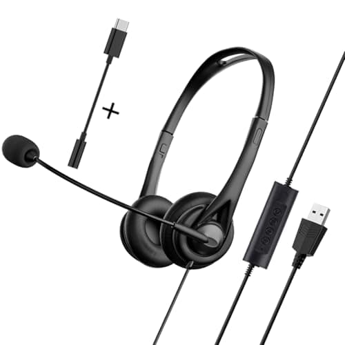 Image of USB Headset for PC Laptop Phone, 3.5mm/USB/Type-C Jack 3-In-1 Wired Headphones with Noise Cancelling Mic & Audio Controls, Adjustable Headband Headset for Call Centers, Home Office, Online Chat