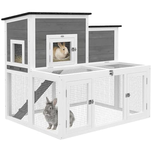 Image of PawHut Wooden Rabbit Hutch, Indoor Outdoor Bunny Cage with Waterproof & Openable Roof, Pull Out Tray and Ramp, Guinea Pig Hutch for 1-2 Rabbits, 97 x 75.5 x 90 cm, Grey
