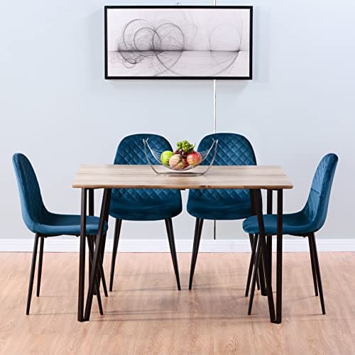 Image of GOLDFAN Dining Table and Chairs Set 4 Solid Wood Rectangular Kitchen Table and Velvet Chairs Dining Room Home Office Table Set (110cm, Brown and Blue)