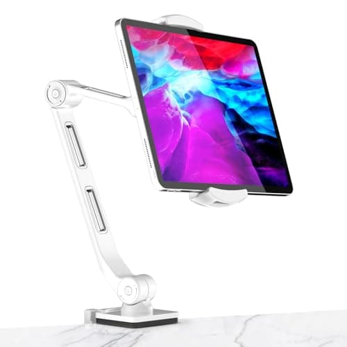 Image of suptek Tablet Stand Long Arm - Adjustable Tablet Holder for Desk Bed Kitchen, Upgraded Aluminum Phone Stands and Holders for iPad Pro Air/Mini, Samsung Tabs, Surface, Kindle, 360° Swivel White
