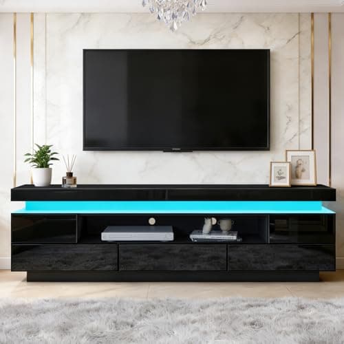 Image of TV Stand Cabinet Modern Black Gloss TV Stand Unit with LED Lights 150CM, 5 Drawers, 1 Open Shelf and Hidden Top Storage Space, for Bedroom Living Room Home Furniture