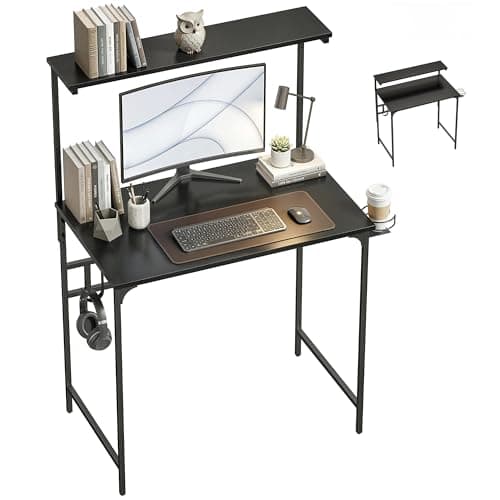 Image of HOMCOM Computer Desk, 80cm Home Office Study Table with Adjustable Tabletop Shelf, Cup Holder, Headphone Hook, Metal Frame, Space Saving Writing Desk, Black