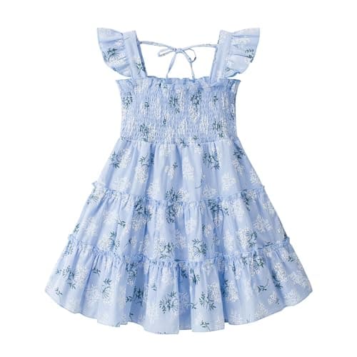Image of Eqenkely Toddler Girl Princess Dress Kids Sleeveless Ruffle Dresses Summer Outfits Beach Sundress D:Blue 6-7 Years