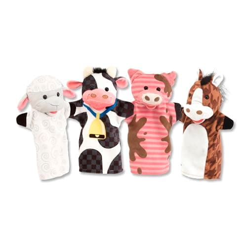 Image of Melissa & Doug Farm Friends – Soft Plush Animal Hand Puppets 4 Pack | Theatre Toy for Children | Age 2+