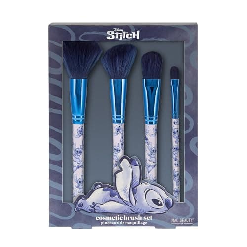 Image of Stitch Cosmetic Brush Set Makeup x4 | MAD Beauty | Cute Disney Character Denim Design, Powder Blush Blending Eyeshadow, Gift for Women, Girl - Blue