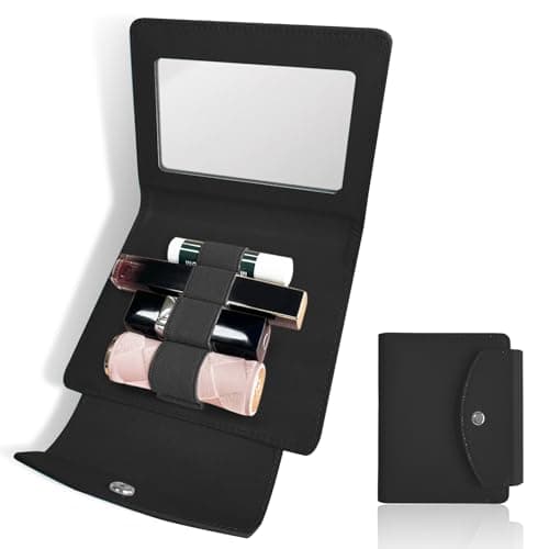 Image of bolimoss Black Makeup Bag with Mirror, Holds 4pcs of Long Lipsticks, PU Leather Lipstick Case Holder with Clip, Lipstick Organizer Gift for Women, Travel Mini Bag Pouch for Outside