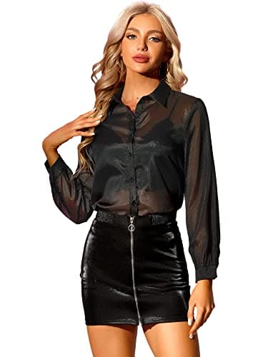Image of Allegra K Sheer Button Up Shirts for Women's See Through Mesh Long Sleeve Shirt Tops Black 20