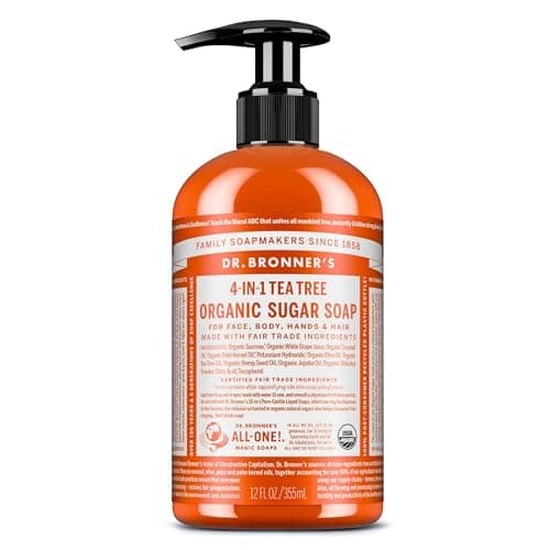 Image of Dr Bronner’s 4-in-1 Organic Tea Tree Sugar Soap, Made with Organic Oils, Sugar and Shikakai Powder. For Hands, Body, Face & Hair. Fair Trade Certified & Vegan Friendly, 335ml Recycled Pump Bottle