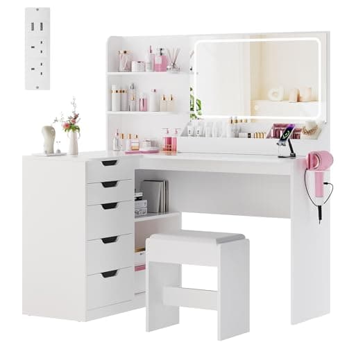 Image of Airfish Dressing Table with Large LED Light,L Shaped Vanity Desk with Stool,Makeup Table with Power Outlet,5 Drawers and Open Shelves,Modern Bedroom Furniture (White)