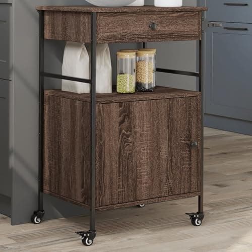 Image of Gecheer Kitchen Trolley Wooden Rolling Cart Trolley Multipurpose Storage Cart, Kitchen Storage Wagon Brown Oak 56x43x89.5 cm Engineered Wood