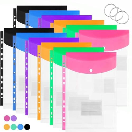 Image of Plastic Wallets A4 Punched Pockets,12 Pack Punched Pockets Expandable Document Folders with Button,Expandable Binder Folders for School, Office, Home, and Travel (Vertical)