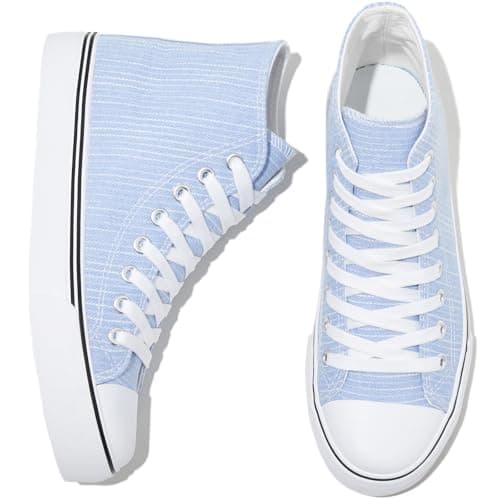 Image of kufeiti Womens Canvas High Top Sneakers Fashion Hightop Tennis Shoes Lace Up Casual Walking Shoes, Blue Stripe, 5.5 UK