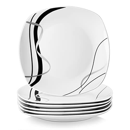 Image of VEWEET 'Fiona' 9.75" 6-Piece Dinner Plate Porcelain Dinner Set Ivory White Black Decals Round Plates Dinning Set Kitchen Service China Dinner Plate (24.7 * 24.7 * 2.2 cm)