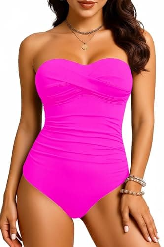 Image of Yonique Womens Strapless One Piece Swimsuit Tummy Control Bandeau Bathing Suits Slimming Twist Front Swimwear, Dark Pink, XL