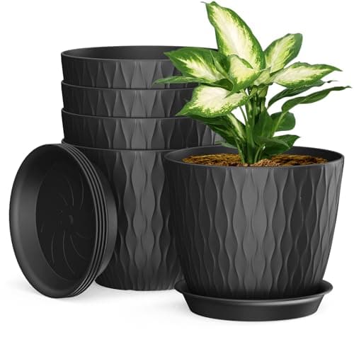 Image of Plastic Plant Pots Indoor, 5 Pack 20cm/8 Inch Stripe Grooves Flower Pots with Drainage Holes and Tray, Modern Decorative Planter Pot for All House Plants（Black）