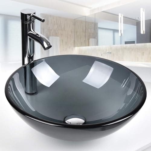 Image of BELOFAY Modern Design Bathroom Counter Top Wash Basin Sink Black Glass, Glass Bowl Cloakroom Round Basin for Vanity Cabinet Toilets and Bathrooms 42x14x42cm WxHxL