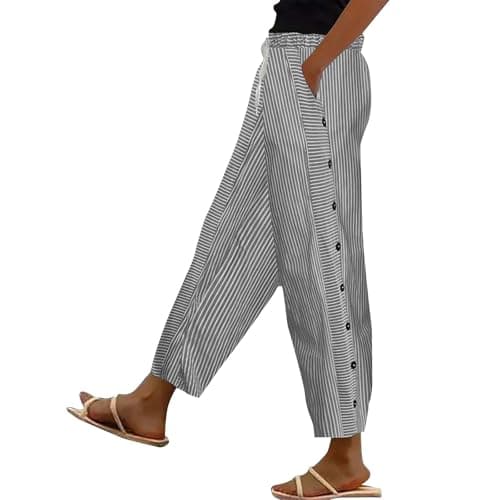 Image of TEPTDirio White Linen Trousers Womens Cotton Linen Work Pants for Women Cotton Linen Pant Casual Loose Color Beach Trouser Ribbed Culottes for Women Black Joggers Womens Today's Deals