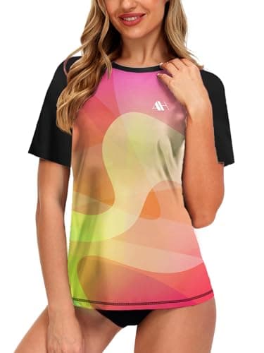 Image of Women Swim Shirt Sun Protection Swim Top Gym Tops Rash Guard Rash Vest Short Sleeve Gradient Orange M