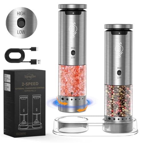 Image of Sangcon Electric Salt and Pepper Grinder Set 2-Speed Rechargeable, 6-Levels External Adjustable Coarseness, Automatic Salt Pepper Mill Grinder Set with Storage Base, One-Handed Operation, Silver