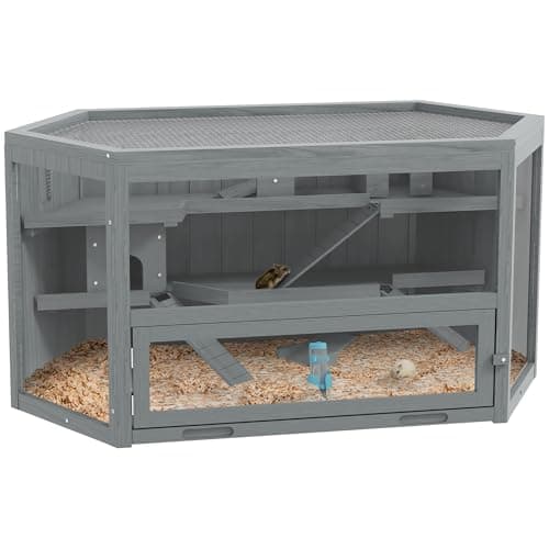 Image of PawHut Wooden Large Hamster Cage 3 Tier Exercise Play House for Small Animals with Sliding Tray, Seesaws and Water Bottle, Grey