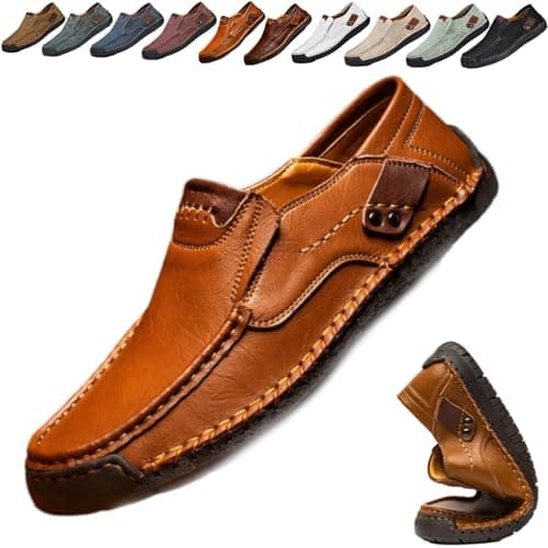 Image of Mens Leather Loafers Slip On Moccasins Casual Business Shoes, Men Loafers Lightweight Breathable Handmade Slip-on Flat Driving Shoes (Brown,10)