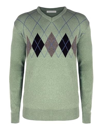 Image of Generation Fashion New Men Gents Knitted Long Sleeve V-Neck Argyle Pattern Jumper Fine Knit Sweater Top Ribbed Edge[Sage, XL]