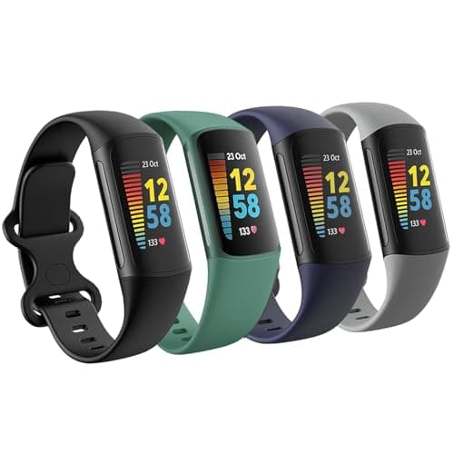 Image of 4 Pack Waterproof Bands Compatible with Fitbit Charge 5 / Fitbit Charge 6 for Women Men, Classic Soft Sports Replacement Wristbands for Women Men (Black/Green/Navy/Grey, Large 7.1''-9.1'')