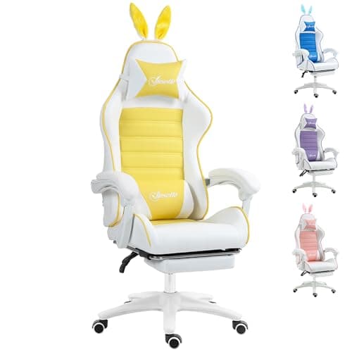 Image of Vinsetto Reclining Racing Gaming Chair with Headrest and Lumber Support, PU Leather Computer Chair with Removable Rabbit Ears, Footrest, Yellow
