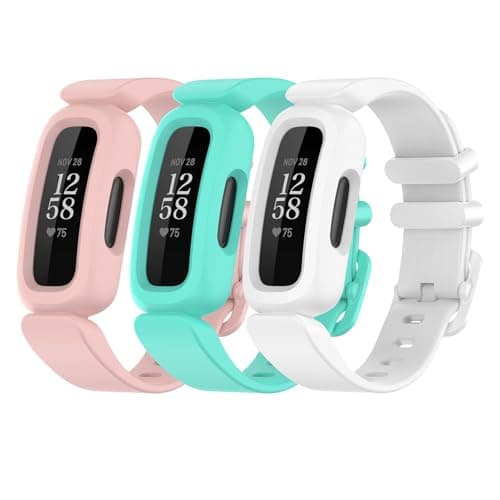 Image of Nuqin 3PCS Silicone Strap Compatible with Fitbit Ace 3 Strap for Kids,Adjustable Replacement Wristband Band for Kids for Ace 3 Activity Tracker(Pink, Green, White)