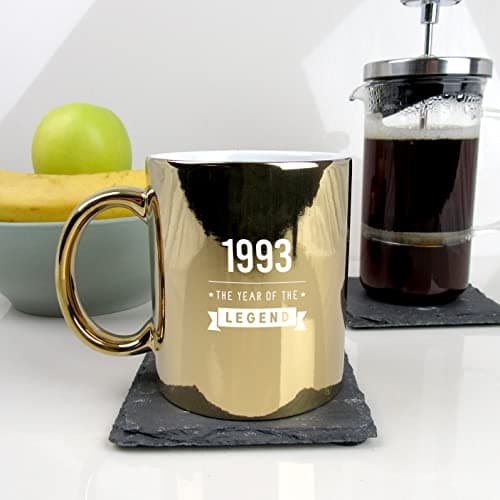 Image of eBuyGB Engraved Metallic Shiny Gold Coffee Mug -1993 Year of The Legend Design - 30th Birthday Gifts for Him, Men - 370ml Tea Cup, Gift for Son, Brother, Cousin, Friend