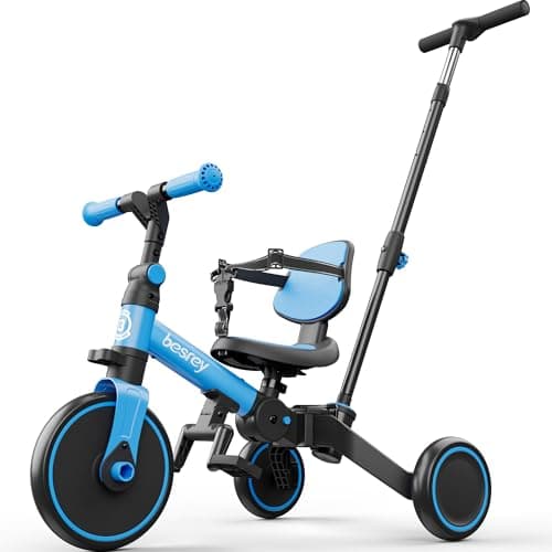 Image of besrey Toddler Bike with Parent-Controlled Push Handle for 1-3 Years Old Girls and Boys, Foldable Kids Push Tricycle, Toddler Tricycle with Removable Pedals, Height Adjustable Seat