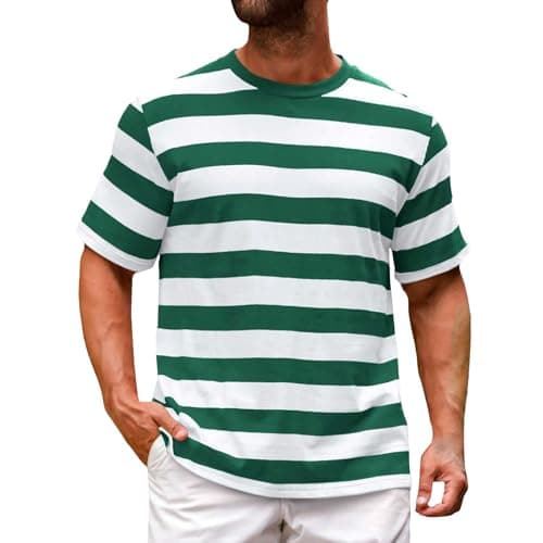 Image of Striped Shirts for Men Short Sleeve Casual Tees Lightweight Breathable Stylish Basic Stripes Printed T Shirts Mens Summer Comfy Daily Loose Fit Tops Crewneck Classic Tshirt T-Shirt Tee Green