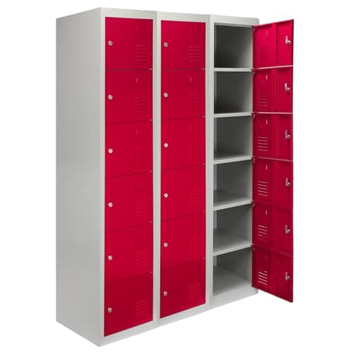 Image of Monster Shop Metal Lockers 3 x 6 Doors Storage, Flatpack Red & Grey Metal Lockable Unit Staff School Gym Changing