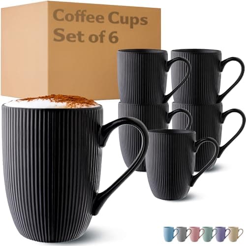 Image of Cosumy Coffee Cups Ceramic 350ml - 6 Coffee Mugs in Modern Black Striped Pattern - Insulated Matt Ceramic - Microwave Safe - Dishwasher Safe & Comfortable Handle