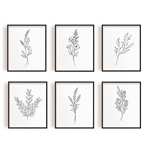 Image of INFUNLY 6 Pcs Abstract Flowers Wall Art Print 20x25cm Unframed Nordic Wall Plant Painting Minimalist Leaf Wall Poster Prints for Bedroom Living Room Home Decor
