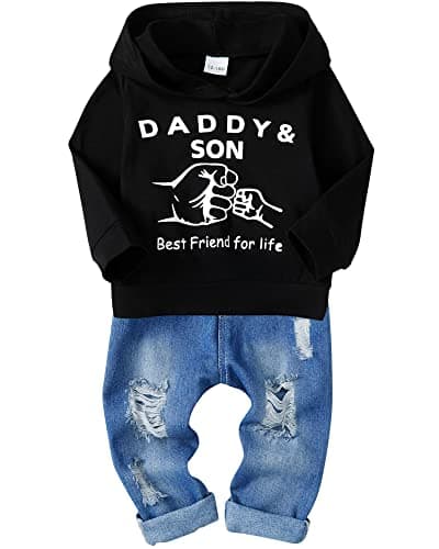 Image of SOLOYEE Baby Boys Outfits Clothes Sets Infant Fashion 2 Pcs Letter Pattern Long Sleeve Hooded Sweatshirt and Jeans Pants 3-4 Years, Black