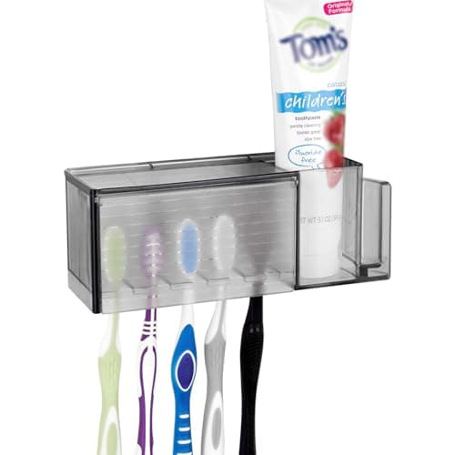 Image of Linkidea 5 Slots Wallmount Toothbrush Holder with Cover for Shower, Plastic Multifunctional Toothpaste Toothbrush Organizer Compatible with Oral-B Cross Action, Colgate Renewal (Gray)