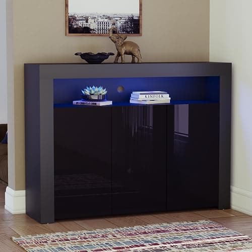 Image of Vida Designs Nova 3 Door Modern LED Sideboard in Black, RGB Lights (Fade/Strobe Options Included), High Gloss
