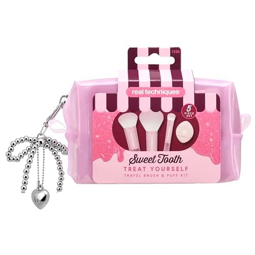 Image of Real Techniques Sweet Tooth Treat Yourself Travel Brush & Puff 5 Piece Set, Mini Makeup Brush Set with Powder Puff, Travel Makeup Brushes for Foundation, Concealer, Blush & Powder, Cruelty-Free