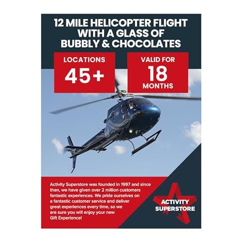 Image of Activity Superstore 12 Mile Helicopter Flight with a Glass of Bubbly & Chocolates Gift Experience Voucher, Available at 45+ UK Locations, Experience Days, Helicopter Gifts, Birthday Gifts