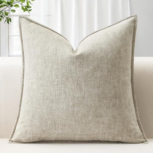 Image of Sungeek Soft Chenille Cushion Cover 50x50cm Square Decorative Throw Pillow Cover with Stitched Edge Solid Dyed Pillow Case Cover for Home Decor Couch Sofa Bed Living Room, Beige