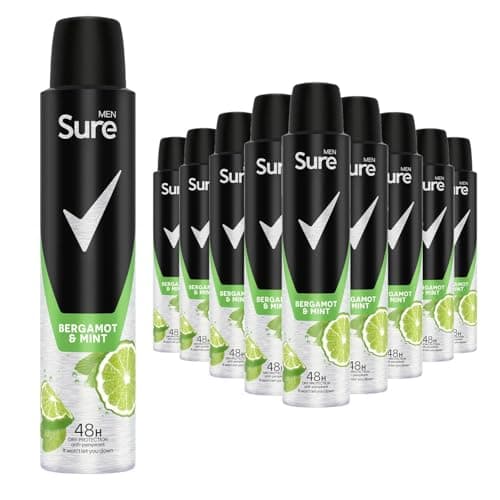 Image of Sure Men Anti Perspirant Deodorant Bergamot & Mint, Pack of 10, Alcohol Free Deodorant Spray for Men with energising scent Provides 48-Hour Odour Control, 200ml