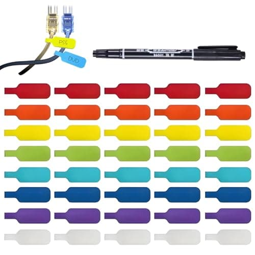 Image of VEGCOO 40pcs Cable Cord Labels Colorful Write On Cord Labels Reusable Wire Label Self Adhesive Label Hand-Writing Tag for Computers Cables Management and Identification (1*Pen Included)