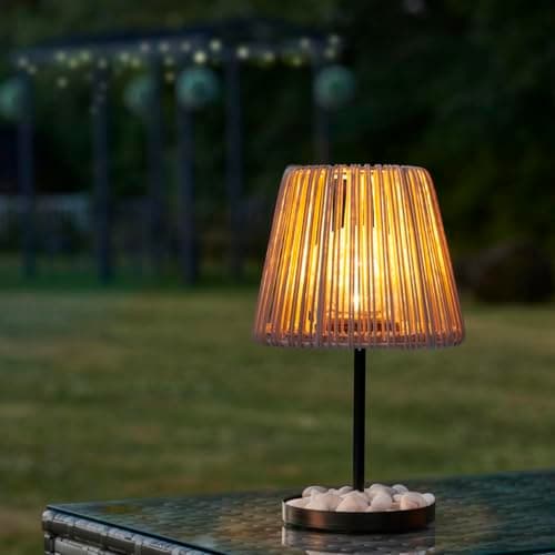 Image of Auraglow Outdoor Rattan Table Lamp, Solar Powered with Crackle Glass Bulb, Natural Rattan Shade, IP44 Weatherproof for Garden, Patio, Restaurant, Hotel (2 Pack)