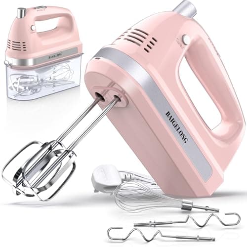 Image of BAIGELONG Hand Electric Mixer, 300W Ultra Power Food Kitchen Mixer with 5 Self-Control Speeds + Turbo Boost, 5 Stainless Steel Attachments Handheld Blender for Baking, PINK
