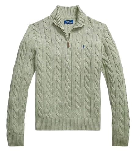 Image of POLO RALPH LAUREN Cable Knit Cotton Quarter-Zip Jumper (UK, Alpha, M, Regular, Regular, Green Heather)